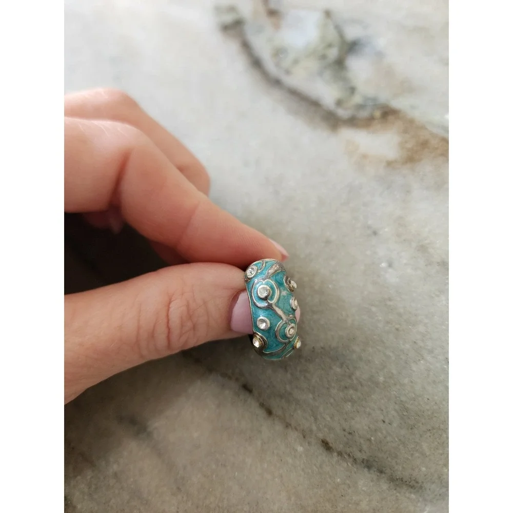Y2K Turquoise Swirl‎ Statement Ring Silver Tone Rhinestone Rubber Band Size 6.5